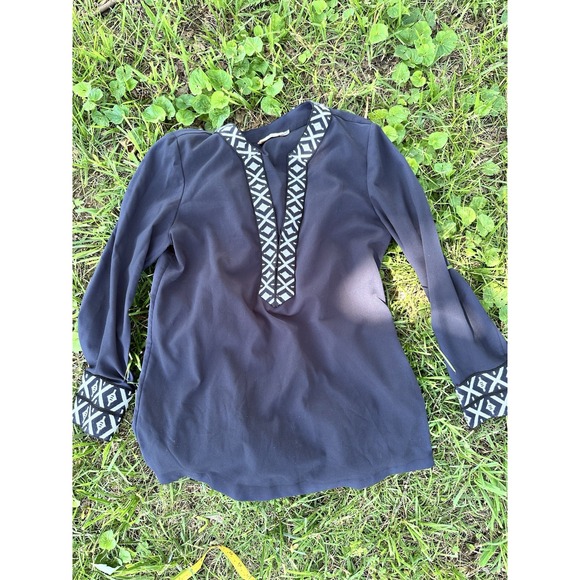 Tory Burch 10  Blue‎ Ariana Embroidered Knit Trim V Neck Long Sleeve Tunic Top - Picture 1 of 7